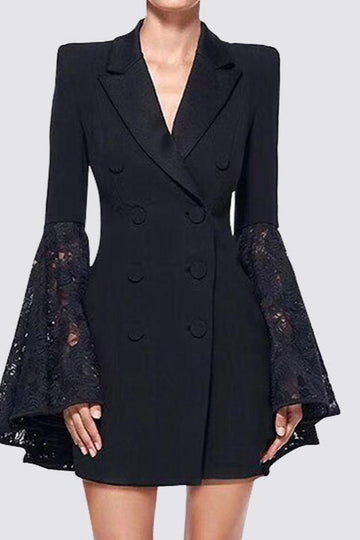 Woochic robe blazer courte dentelle manches évasées couture noir S